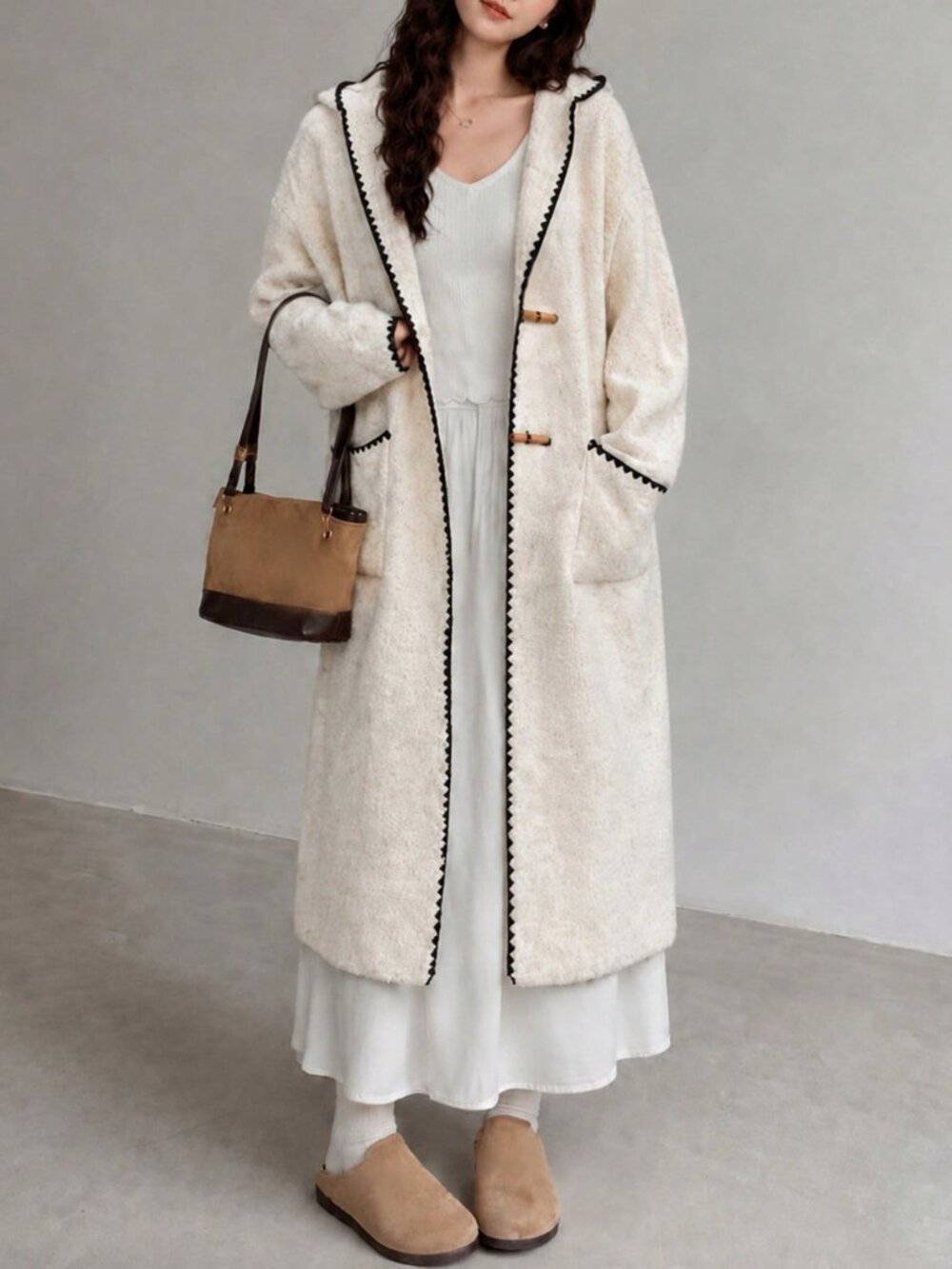 Oatmeal Casual Women's Long Plain Button Loose Fit Hooded Cardigan - Picture 5 of 5